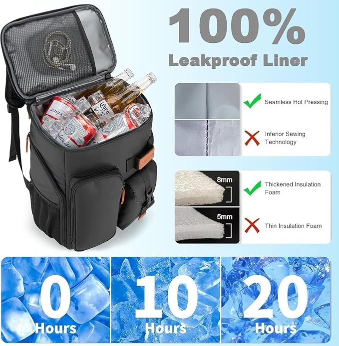 BAGPARKK Insulated Cooler Backpack,33/45 Cans Multifunctional Double Deck Leakproof Cooler Bag with Sternum Strap,Large Capacity Lightweight Travel Camping Beach Backpack