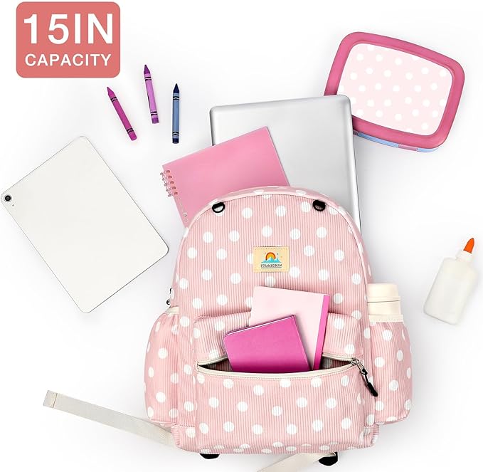 STEAMEDBUN Corduroy Kids Backpack for Girls and Boys 5-8: Girls Backpack for Elementary Kindergarten - 15 inch Cute Backpacks for Kids - Polka Dot