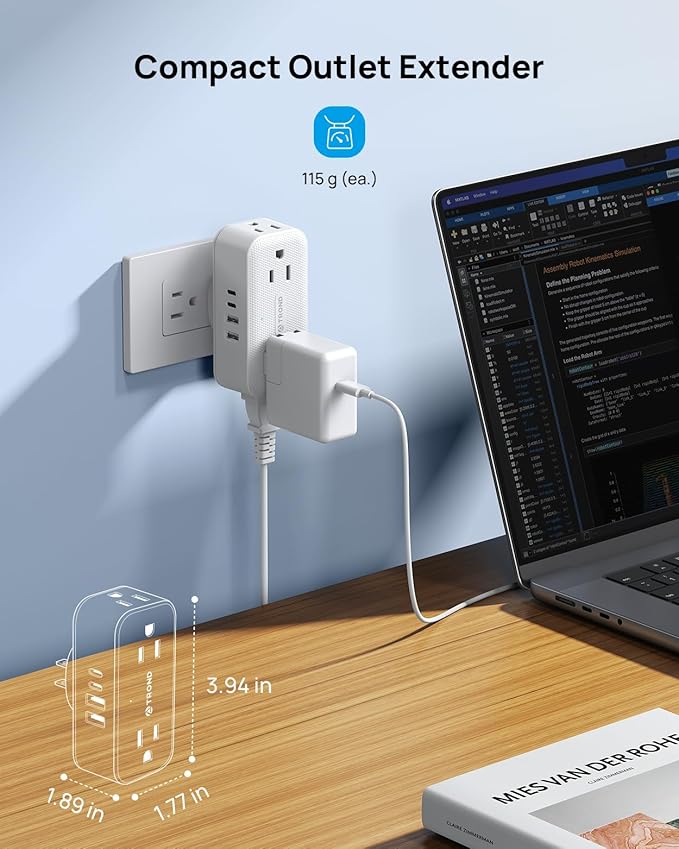 TROND Outlet Extender with 360 Rotating Plug, Plug Adapter with 4 Electrical Sockets and 4 USB Ports, 900 Joules Surge Protection, 3 Way Outlet Splitter for Home Office Travel, White