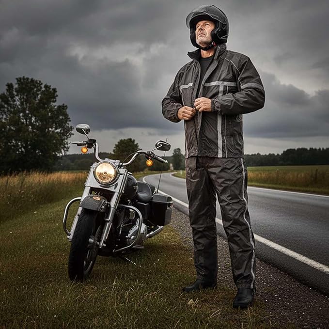 Milwaukee Leather MPM9510 Men's Black Water-Resistant Motorcycle Rain Suit with Hi Vis Reflective Tape