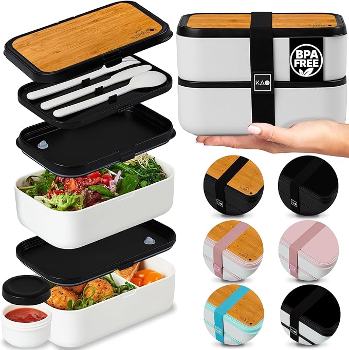 KARRICO Double Premium Bento Box Adult, 67 fl oz BPA-Free - Cream Stackable Lunch Box with Leak-Proof Lids & Dividers, Perfect for Meal Prep, Lunches & Portion Control