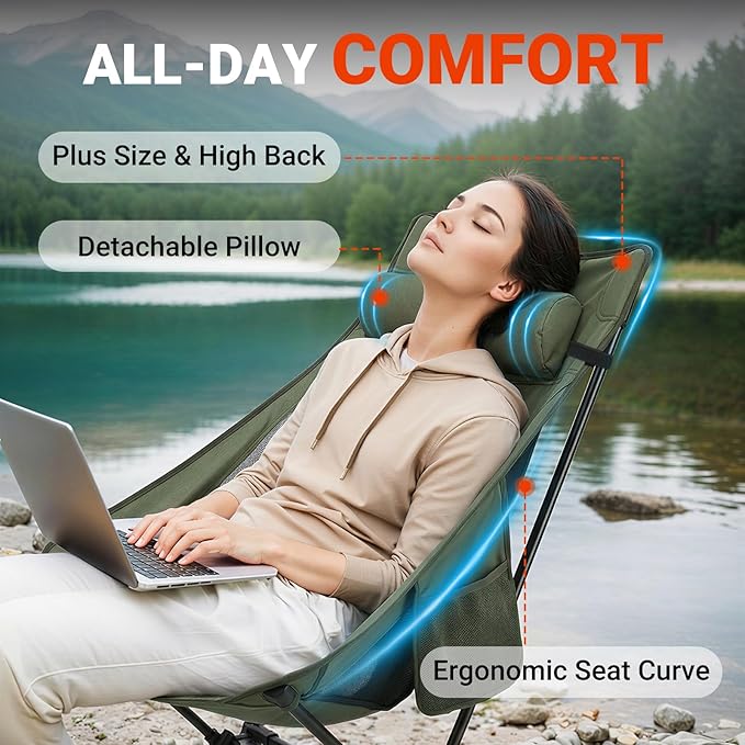 Overmont Portable High-Back Camping Chair - 440LBS Support Oversized Lightweight Folding Backpacking Chair for Adults - Compact with Detachable Pillow for Outdoor Travel Hiking Beach Fishing