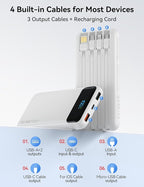 Portable Charger, 10000mAh 22.5W Fast Charging Power Bank with 4 Built-in Cables, Travel Essentials Battery Pack with LED Display, 6 Outputs Charging Bank Compatible with iPhone, iPad, Samsung White
