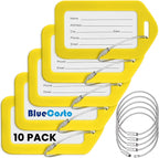 BlueCosto - Luggage Tags - Yellow, 10 Pack - Suitcase Tags with Name ID Card & Heavy-Duty Metal Wire Loops - Bright Colored PVC Identifiers for Travel Baggage - Backpack Name Labels