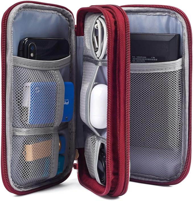 CAAORDKSO Electronic Organizer Travel Case, Cord Organizer Travel Cable Organizer Bag, Tech Pouch Accessories Carry Storage for Travel Essentials, Backpack, Business, Daily Commute (Wine Red,Large)