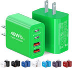 2 Pack USB C Charger, 40W Fast Charge Cube, 4-Port QC+PD Wall Plug,Multi-Port Type C Power Adapter for iPhone 17 16 15 14 13 12 Pro Max XS XR 8,Galaxy S24,Nexus,HTC,Google Pixel,and More(Green)
