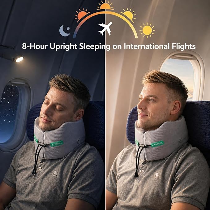 Travel Neck Pillow for Airplane: Neck Brace-Like Support 360° Chin Lock for Men in Middle Seat Sleep - Zero Head Slumping into Strangers - 8-Hour Upright Sleeping Without Neck Pain
