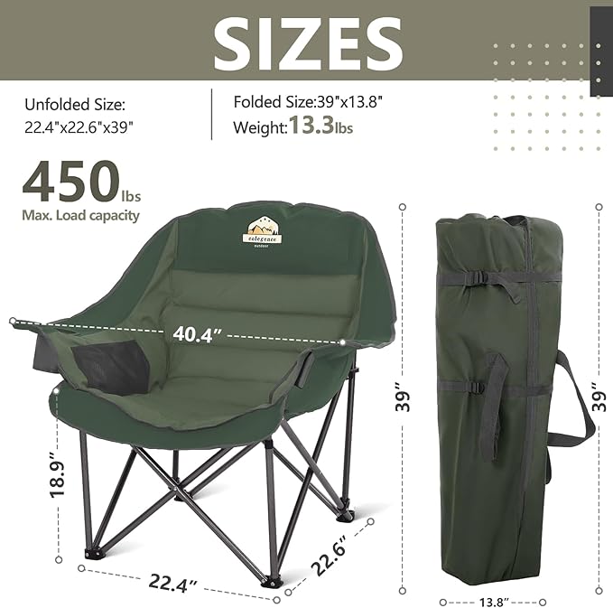 Colegence Oversized XL Padded Camping Chair Wide Heavy Duty Lawn Chairs Support 450 LBS Portable Folding Gaint Plus Camp Chair with Side Pocket Cup Holder for Outdoor Outside Sports Baseball-Green