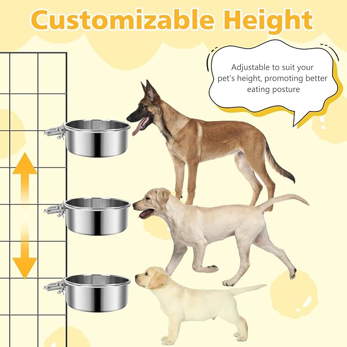 Large Dog Crate Water Bowl No Spill, 2 Pack Stainless Steel Dog Bowls for Food and Water, Pet Kennel Hanging Dogs Food Bowls for Medium/Large Dogs and Cats (7.1"x3.7" & 6.3"*2.6", Silver)