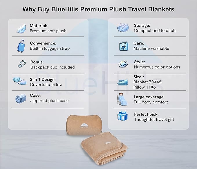 BlueHills Travel Blanket Pillow Rolled Premium Soft Plush Airplane Throw Traveler Essentials Gift Compact in a Bag 70X48 inches Long Car Plane Flight Portable Beige R06