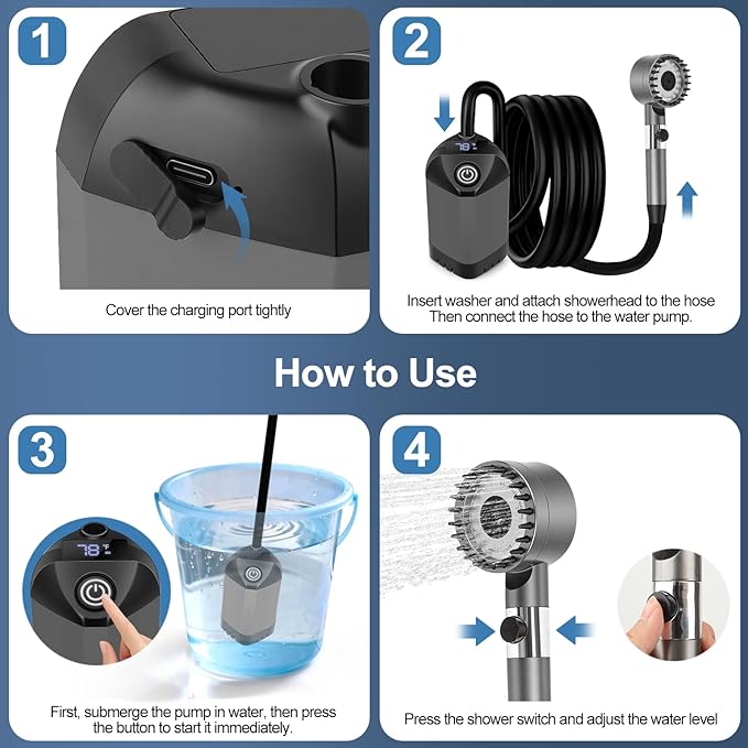 Portable Shower for Camping with 7800mAh Battery, Rechargeable Camping Shower with Intelligent LED Display, 3 Spray Modes, IPX8 Waterproof Outdoor Camp Pump for Hiking, Travel, Car, Pet