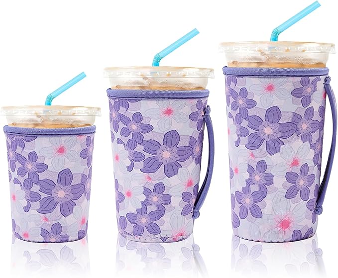 KJQJLY 3 Pack Reusable Iced Coffee Sleeves for Iced Coffee Cups or Drinks Reusable Neoprene Insulated Sleeves for Hot and Cold Drinks from Starbucks, Dunkin, And More (Little Purple Flowers)