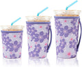 KJQJLY 3 Pack Reusable Iced Coffee Sleeves for Iced Coffee Cups or Drinks Reusable Neoprene Insulated Sleeves for Hot and Cold Drinks from Starbucks, Dunkin, And More (Little Purple Flowers)