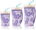 KJQJLY 3 Pack Reusable Iced Coffee Sleeves for Iced Coffee Cups or Drinks Reusable Neoprene Insulated Sleeves for Hot and Cold Drinks from Starbucks, Dunkin, And More (Little Purple Flowers)