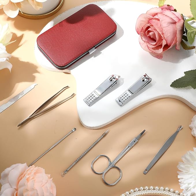 Geosar 50 Set 8 in 1 Travel Manicure Kit Bulk Professional Nail Clippers Pedicure Nail Care Tools Grooming Stainless Steel Set with Portable Travel Case, Gift for Valentine Men Women(Red)