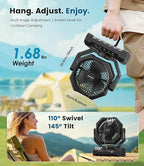 Camping Fan Rechargeable, 60H Long-Lasting Battery Powered Fan - 4 Speeds, 3 Light, Timer, Sleep Mode, Hook, Portable Fans for Camping Gear, Travel Essentials, Tent, RV, Outdoor, Garage, Emergency