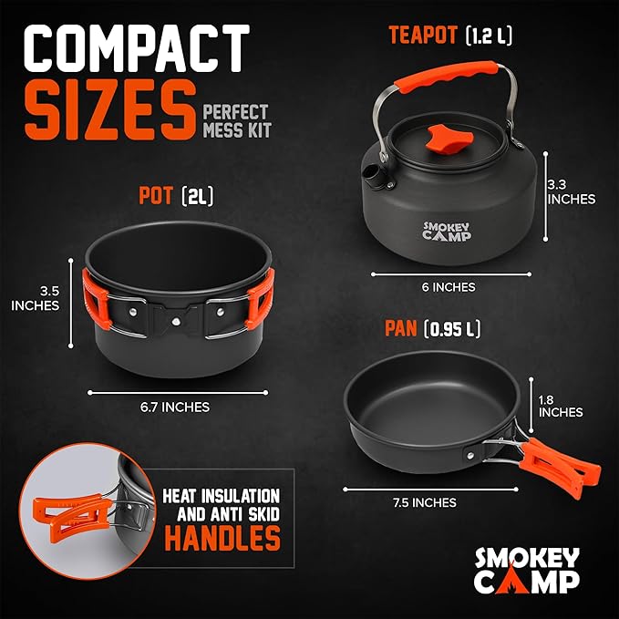 Smokey Camp Camping Cookware Mess Kit Set with Stove - Backpacking Camping Pots and Pans Set, All in One Non-Stick Camping Cooking Set, Portable Stove, Hiking, Picnic, Outdoor & Camping Cookware Set