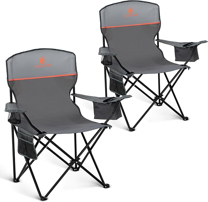 ALPHA CAMP Camping Chairs 250LBS Capacity, Heavy Duty Folding Chair with 4-Can Cooler Bag, Portable Outdoor Chair with Cup Holder for Adults, Collapsible for Tailgating, Beach, Fishing,Black,2PC