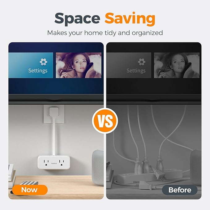 TESSAN Short Extension Cord 0.5Ft, Flat Plug Outlet Extender Surge Protector with 4 Widely AC with 3 USB Ports (1 USB C), Multi Plug Small Power Strip for Travel, Home, College Dorm Essentials, White
