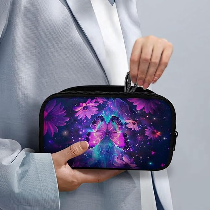Purple Floral Butterfly Print Electronic Organizer Travel Universal Accessories Storage Bag Portable for Hard Drives, Cables, Memory Sticks, Charger, Phone, USB, SD Cards