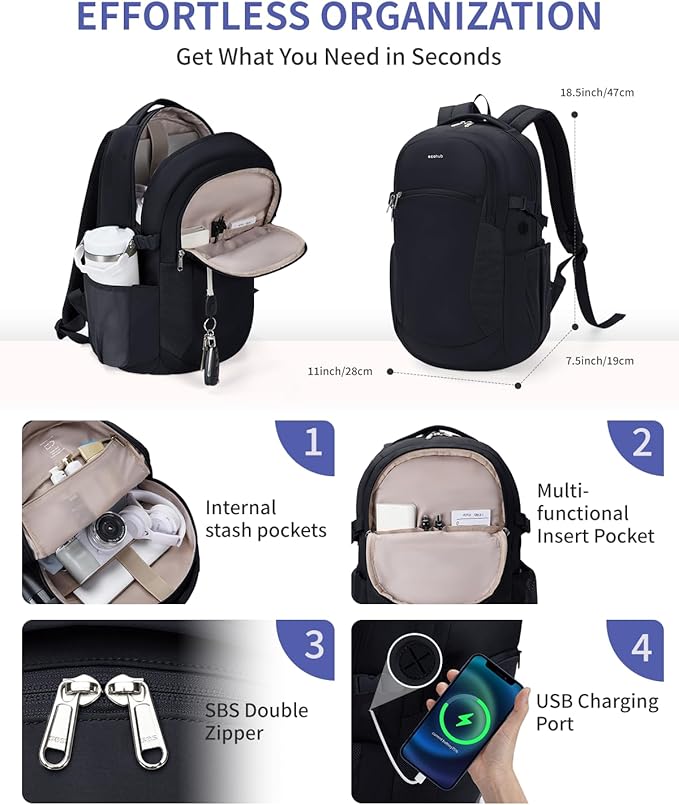 ECOHUB 17" Laptop Backpacks with Laptop Compartment Work Backpack Women Lightweight & Water Resistant Travel Backpack,Black