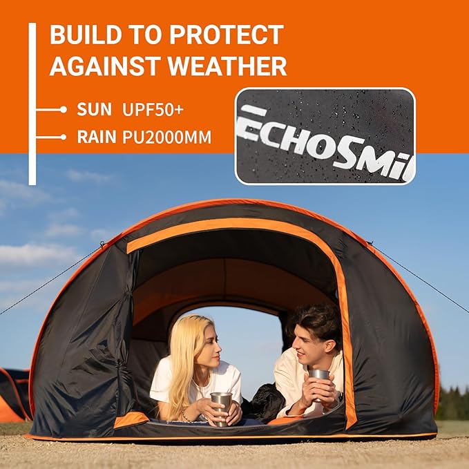 EchoSmile Pop Up Camping Tent, 2/4/6 Person Easy Setup Tent, Water Resistant Dome, Portable with Carry Bag