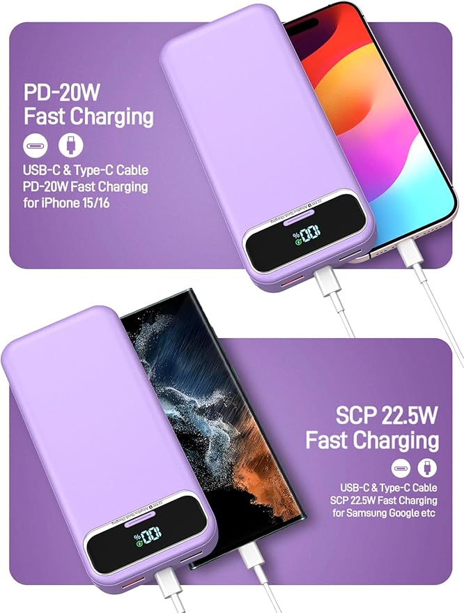 Portable Charger, 20000mAh 22.5W Fast Charging Power Bank with Built-in Cables & Wall Plug, Travel Essential External Battery Pack with LED Display, USB C Battery Phone Charger for iPhone iPad Purple
