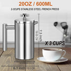 Small French Press Stainless Steel Coffee Maker 21oz(3 Cups), Double Wall Insulated for Hot& Cold Brew, Compact Coffee& Tea Press for Camping, Office, Travel with 3 Ultra-Fine Filters & Spoon- Silver