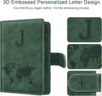 Personalized J Passport Holder Cover Initial Letter Travel Wallet RFID Blocking Passport Cover Credit Card Holder Case Passport Book Holders for Women and Men, Pine Green-J