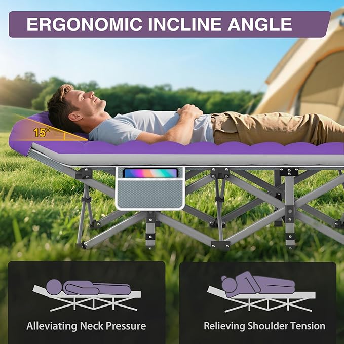 ZENPETIO 28In Folding Camping Cot for Adult, Portable Sleeping Cot with Mattress, Outdoor Heavy Duty Cot Bed for Camp with Carry Bag for Home, Office, Camp, Travel, Vacation-Purple
