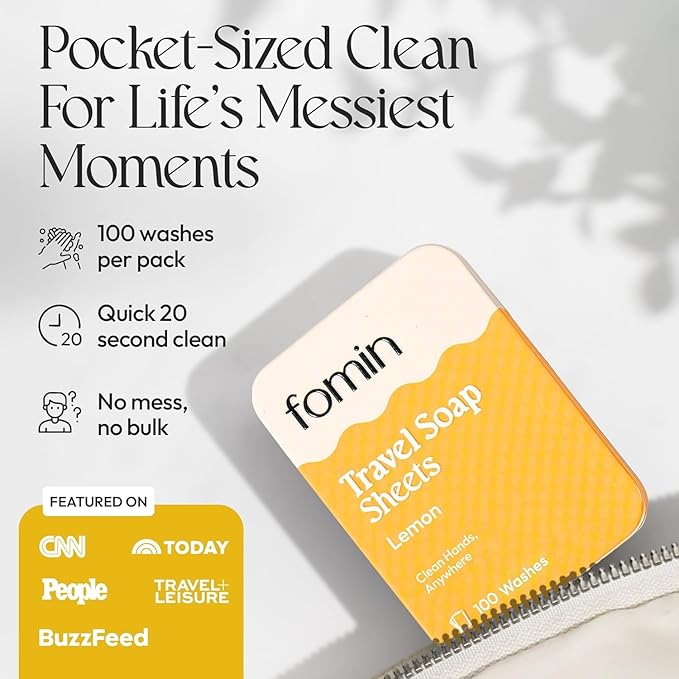 FOMIN - Paper Soap Sheets Tin for Traveling - (300 Sheets) Lemon Portable Travel Hand Soap Sheet, Dissolvable Mini Camping Hand Soap for Hand Washing