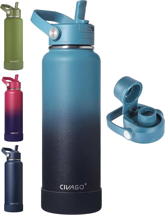 CIVAGO 40 oz Insulated Stainless Steel Water Bottle with Detachable Straw, Large Metal Water Jug with Bucket Handle, Leakproof Sports Water Flask with Silicone Boot, Dishwasher Safe, Indigo Black