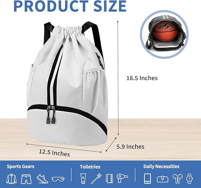 JELUTAR Drawstring Backpack Gym Bag with Shoes Compartment for Soccer, Basketball, Swim, Water-Resistant String Backpack Beach Cinch for Women Men, White
