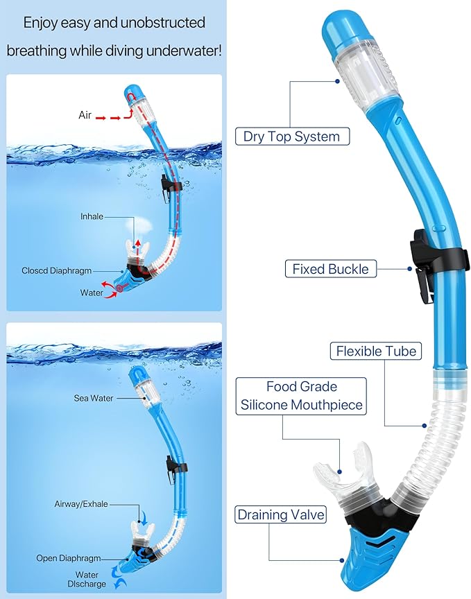 Ubekezele Snorkeling Gear for Adults Men Women,4 in 1 Snorkel Set with Panoramic View Diving Mask Anti-Fog Anti-Leak,Dry Top Snorkel,Fins and Travel Bag for Swimming,Snorkeling and Travel Diving