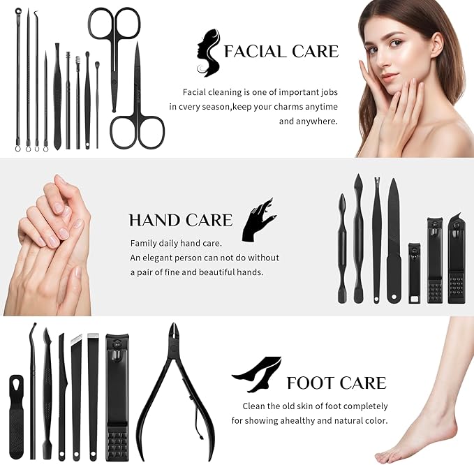 MINKINH Manicure Set Professional Nail Clipper Kit-26 Pieces Stainless Steel Manicure Kit,Nail Care Tools with Luxurious Travel Case Nail Grooming Kit Present for Men Husband Boyfriend Parent (Black)