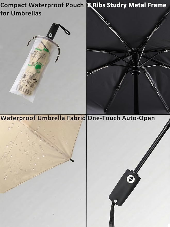 BAODINI Compact Travel Umbrella Small Windproof Auto Open Close for UV Sun Protection UPF 50+ and Rain Fits Backpack Purse & Suitcase