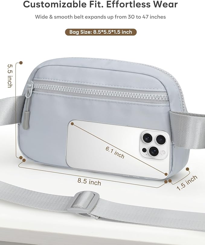 Pritent Fanny Packs for Women Cross Body Bag Waterproof Belt Bag with Adjustable Strap and Zipper Back Pocket Small Crossbody Bags Fashion Waist Packs for Workout Travelling(Light Gray)