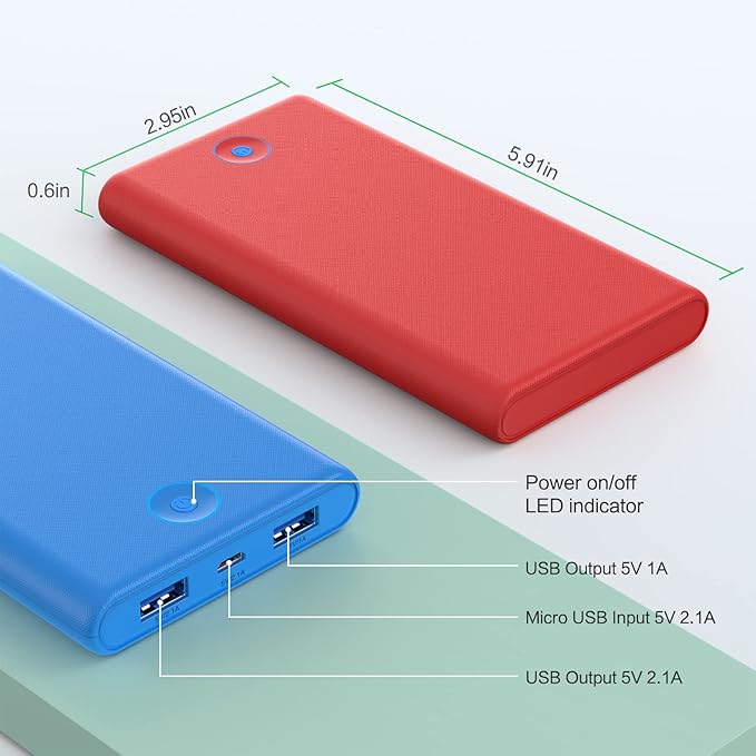 [2-Pack] Portable Charger Power Bank 20000mAh,Ultra Slim Fast Charging Battery Pack with Dual USB Outputs,Travel Essential Portable Phone Charger for iPhone 17/16/15/14/13/12/X,Galaxy S24-Red+Blue