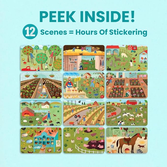 Farm Animal 500+ Kids Sticker Book by Cupkin Toddler Airplane Travel Activity Coloring and Sticker Book, Road Trip Essentials, 12 Coloring Pages 12 Scenes for Ages 2–8 Years