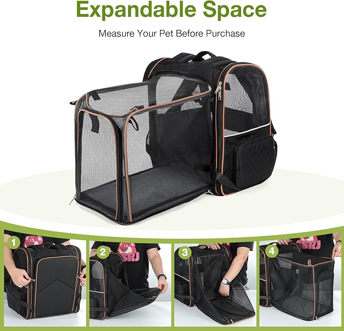 Large Cat Backpack Carrier Expandable Pet Carrier Backpack for Small Dogs Medium Cats Fit Up to 18 Lbs, Dog Backpack Carrier, Foldable Puppy Backpack Carrier for Travel, Black