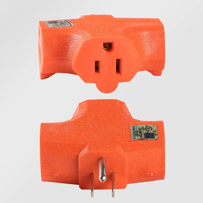 3 Outlet Adapter [UL Listed] 3 Way Outlet Splitter - T-Shaped Adapter Outdoor Power Splitter Grounded Wall Tap Heavy Duty (4, Orange)