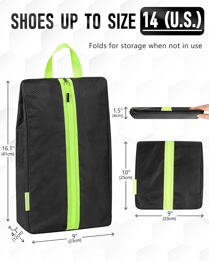 GLORIEROO Smell Proof Shoe Bags for Travel-Soccer Cleat Bag Smell Proof with Active Carbon Fabric | Odor-Absorbing Water-Resistant Track Shoe bags for Sports (Black with Green, UP TO US14)