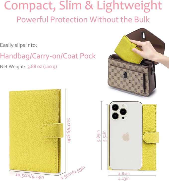 Slim Passport Wallet for Women – RFID Blocking Passport Holder for Travel Women with Card Slots, Coin Pocket & SIM Slot – Genuine Leather Travel Organizer – Lemon Yellow