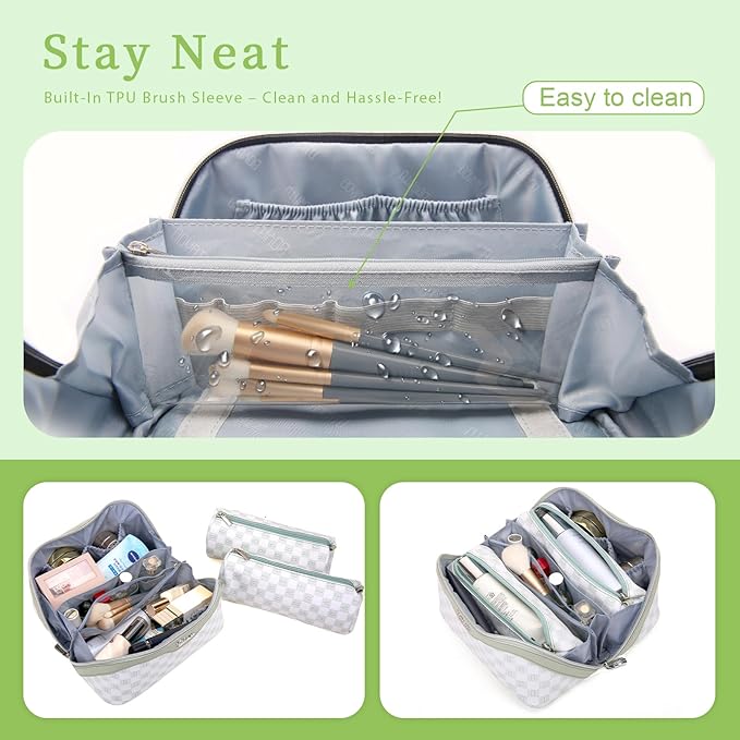 BOYATU Travel Makeup Bag Organizer Cosmetic Bag: 3 Pcs Set Make up Bags for Women with Handle - Waterproof Vegan Leather Toiletry Bags Travel Essentials Pouch with Compartments (H-06-Green)