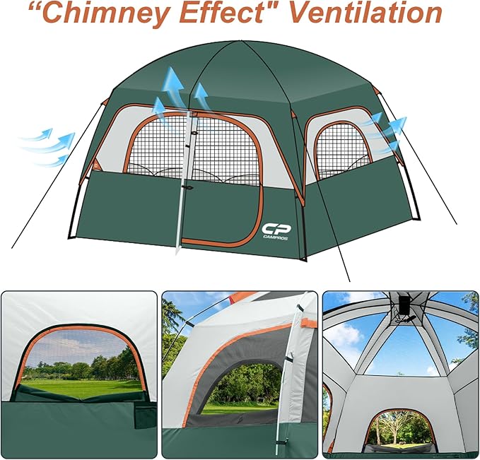 CAMPROS CP Upgraded 6/8 Person Camping Tents, Waterproof Windproof Family Tent with Larger Mesh Windows & Door, Double Layer, Easy Set Up, All-Season Dome Tent with Top Rainfly & Carry Bag