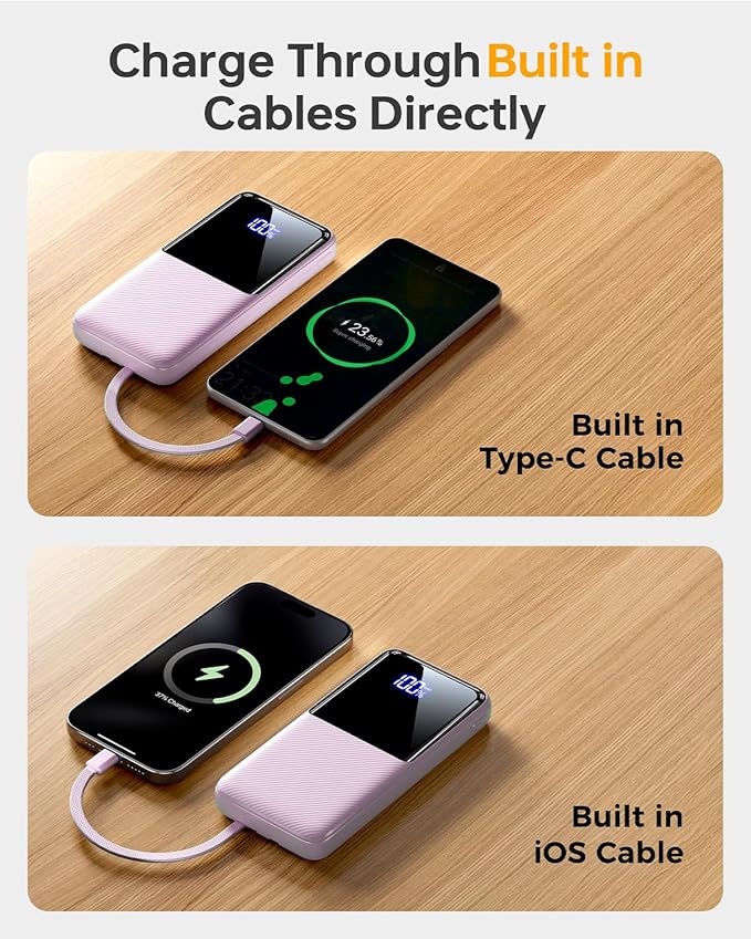 CFIAI Portable Charger Power Bank - 15000mAh Battery Pack Portable Phone Charger with Built in Cable 22.5W Fast Charging Powerbank Compatible with iPhone Android Samsung Phone, Lavender