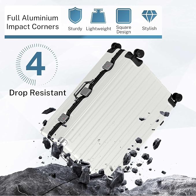Krute Zipperless Luggage 24 Inch Aluminum Frame Suitcase with Spinner Wheels PC+ABS Hardide Checked Luggage TSA Approved No Zipper Travel Suitcase White