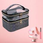 Double-layer Makeup Bag Cosmetic Bag Travel Makeup Cases Organizer Toiletry Bag Gift for Women, Portable Waterproof (Black)