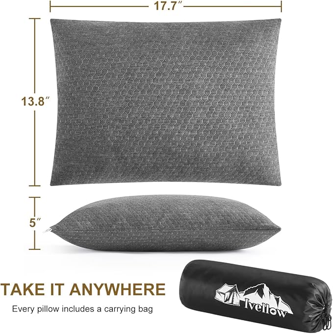 Ivellow Travel Pillow Camping Pillow for Sleeping Small Shredded Memory Foam Pillow Compressible Compact Medium Firm, Soft Breathable Cover,Supportive for Outdoor Car Backpacking Hiking Essential Gear