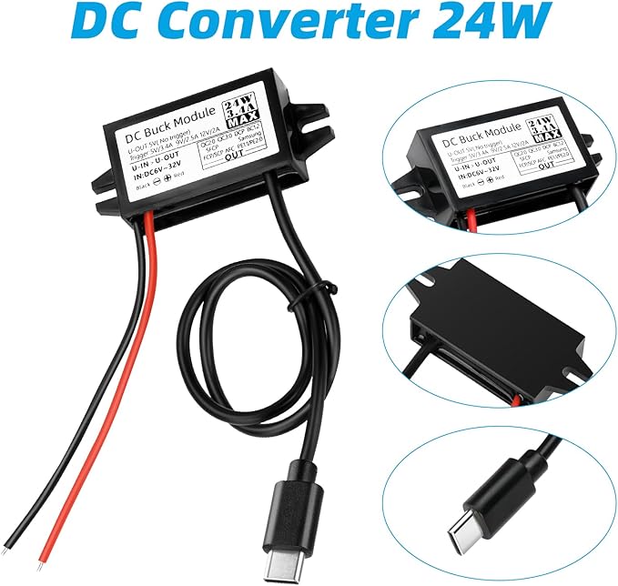 24W DC 12V/24V to 5V3.5A 9V 12V/2A USB C Step Down Converter,Aideepen 3A 24W Type-C Output Charging Module Waterproof Buck Module Power Adapter Compatible with Raspberry Pi 4, Mobile（2-Pack）